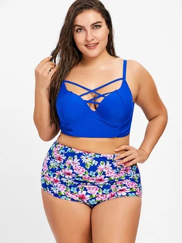 

Wipalo Women Plus Size Floral Bustier Swim Set Criss Cross High Waist Solid Top Floral Shorts Two Pieces Bathing Suit Beach Set