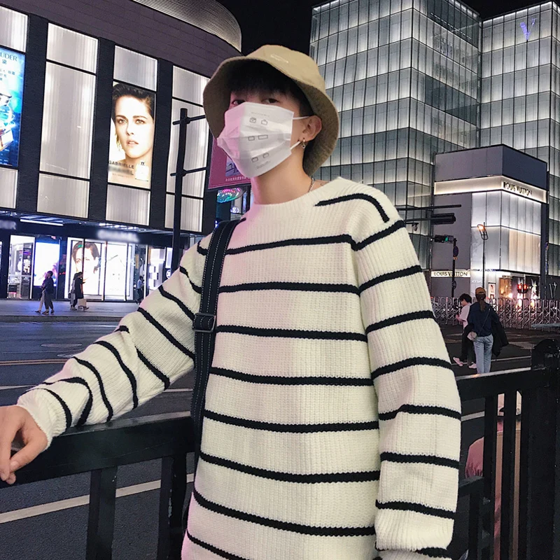 

Fashion Casual Men's Sweater Autumn And Winter New M-2XL Stripe Wild Slim Pullover Tricolor Personality Youth Popular