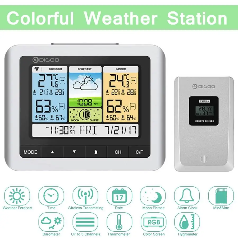 

Digoo DG-TH8888 Wireless Home Weather Station Digital Thermometer Humidity Sensor Outdoor Indoor Forecast Sensor Clock