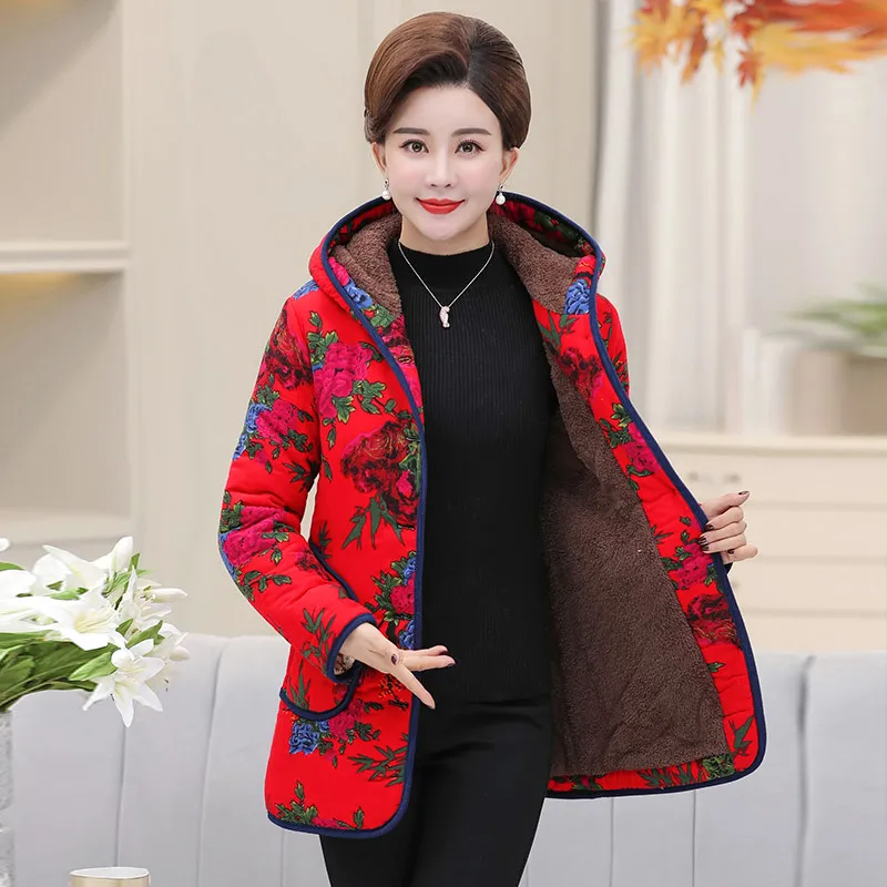 

Casual Velvet Jacket Winter Parkas 2019 New Middle Aged Women Hooded Coat Plus Size Thick Warm Top Slim Floral Printed Parkas