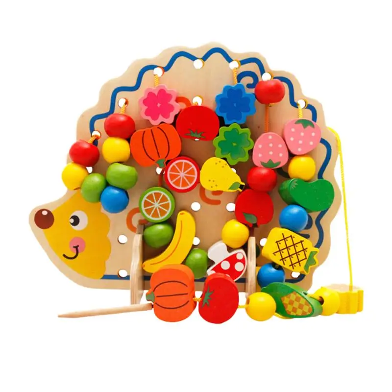 Wooden Stringing Beads Threading Bead Blocks Toy Preschool Hedgehog
