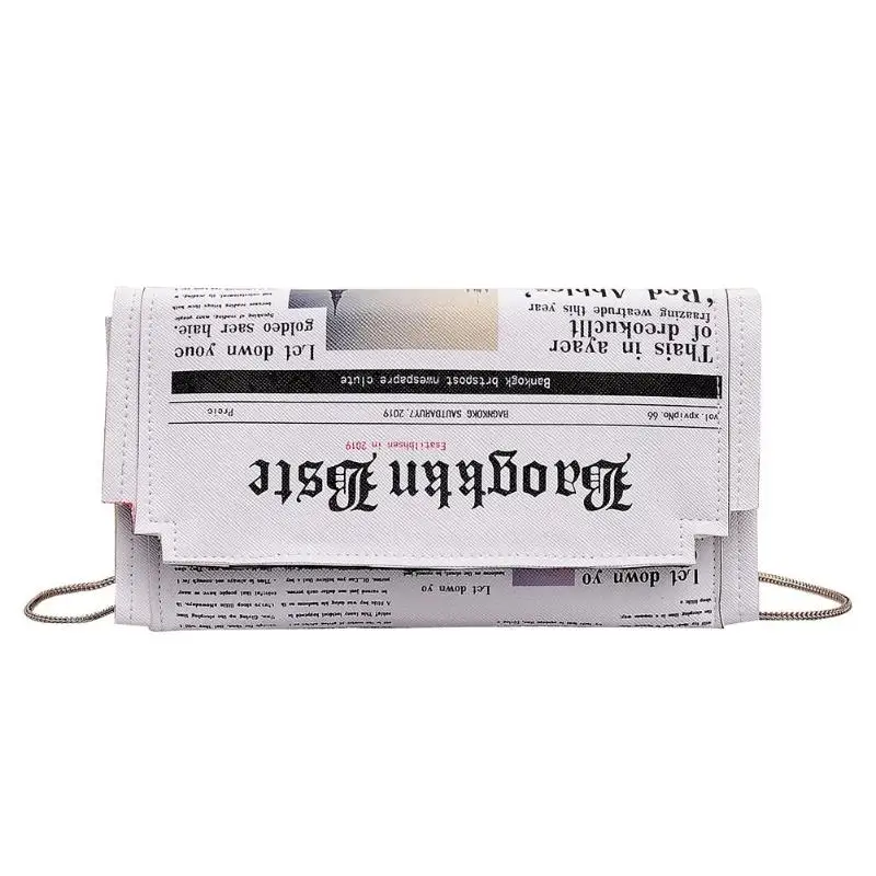 Newspaper Print Design Crossbody Messenger Bag for Women Casual Flap Envelope Bags Day Clutches Purse Chain PU Shoulder Handbag