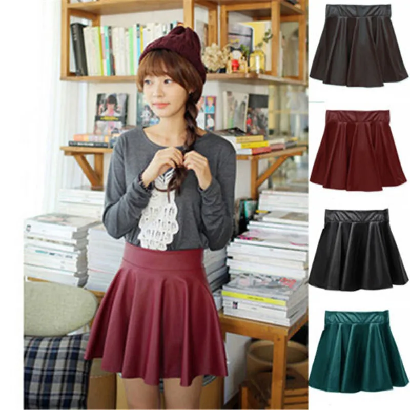 

Women Casual Faux Leather Skater Pleated Skirt Summer sexy Solid Slim Mini skirt Party Shorts Skirts Dance skirt 4 colors