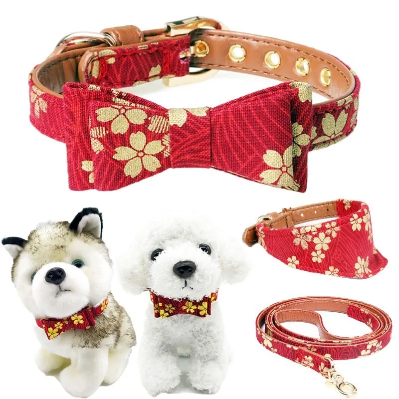 

Pet Cat Dog Collar Bandana Bib Leash Rope Bowknot Neck Strap Red Cherry Bronzing Leather padded Scarf Neckerchief New