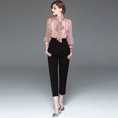 Fashion Designer Runway Suit Sets 2019 summer Women's Lantern Sleeve Leopard Patchwork Printed Blouse + Pants 2 Piece Set Women