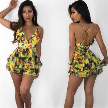 

2019 Summer Womens Holiday Jumpsuit Playsuit Mini Shorts Beach Party Floral Romper Slim Tank Top Playsuits Jumpsuits