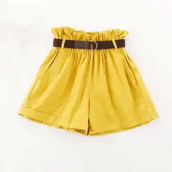 Модные эластичные шорты с высокой талией для женщин желтый летний ремень драпированные шорты пикантные свободные карман твердые хлоп