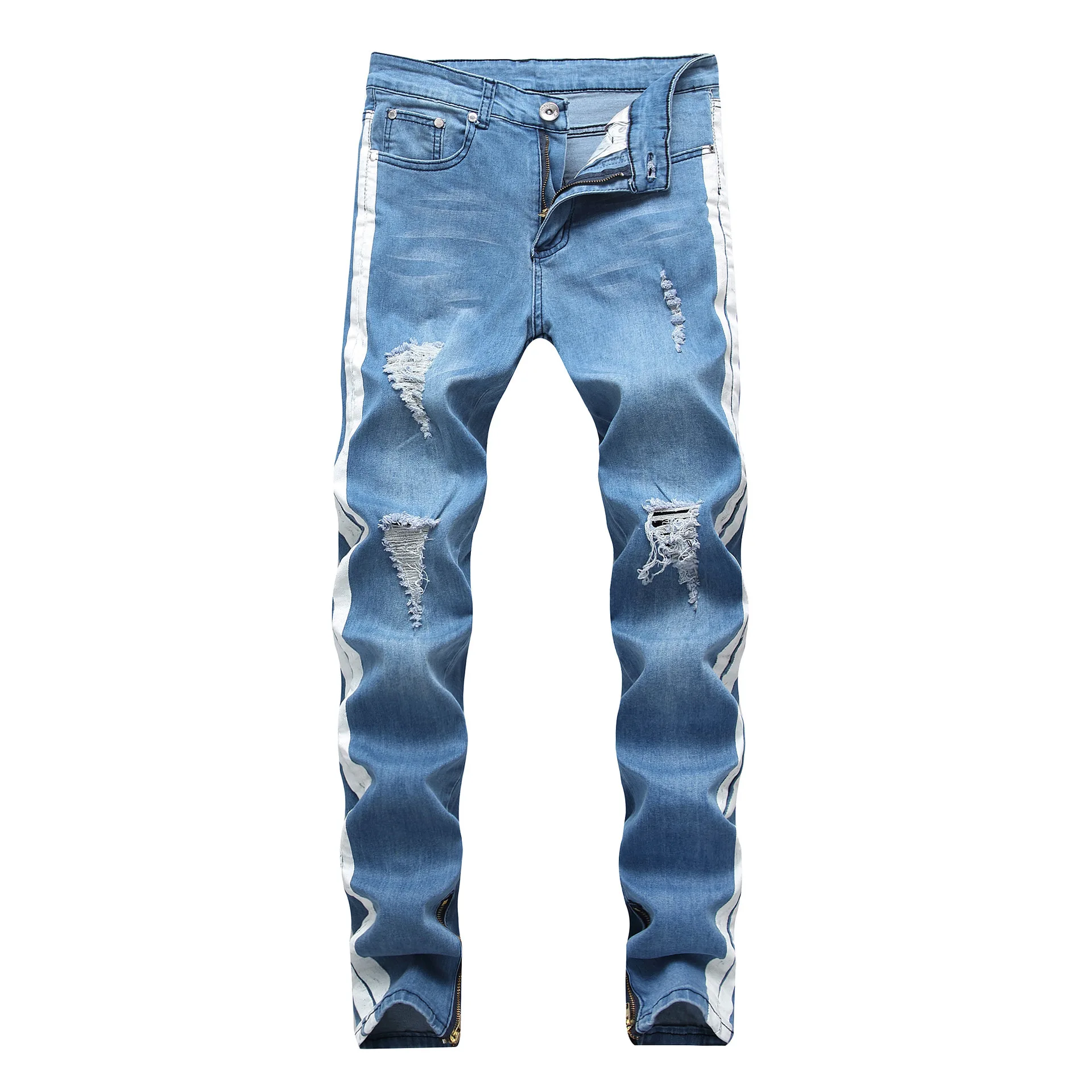 

Mens Cool Brand Jeans Skinny Ripped Destroyed Stretch Slim Fit Hop Hop Pants Men Casual Holes Straight Striped Pants