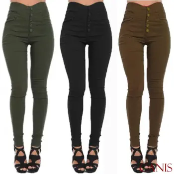

Newly Women Skinny Slim Trousers Casual Solid Color Plain Pencil Ladies High Waist Stretch Trouser Button