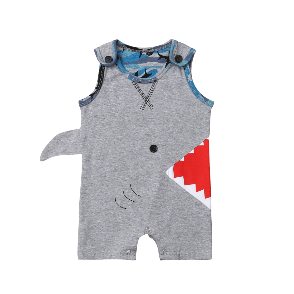 

2018 Multitrust Brand Newborn Infant Baby Boy Shark Sleeveless Romper Summer Cartoon Gray Casual Jumpsuit Outfit Sunsuit