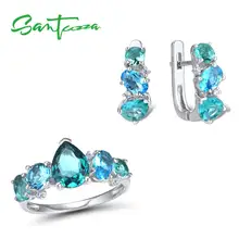 SANTUZZA Серебряные комплекты ювелирных изделий для Для женщин 925 серебро синий зеленый кристалл белый CZ Серьги Кольца Набор партия Модные украшения