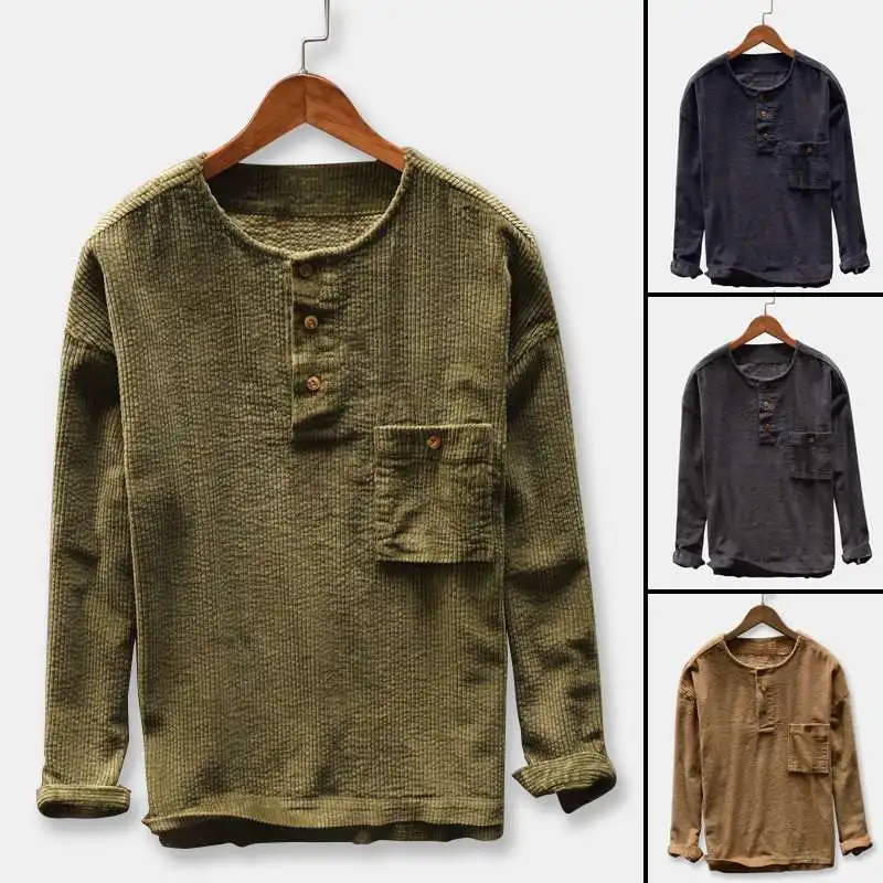 

Retro Pullovers Corduroy Social Dress Shirt Men Thick Loose Long Sleeve Crew Neck Casual Shirt Tops Camisa 2019 Vintage Clothes