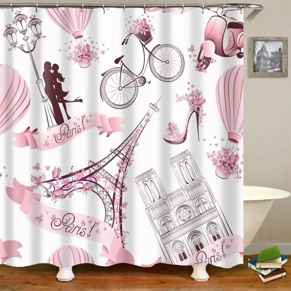 Pink Paris Shower Curtain With Tower France Design Print Fabric Bathroom Shower Curtains with