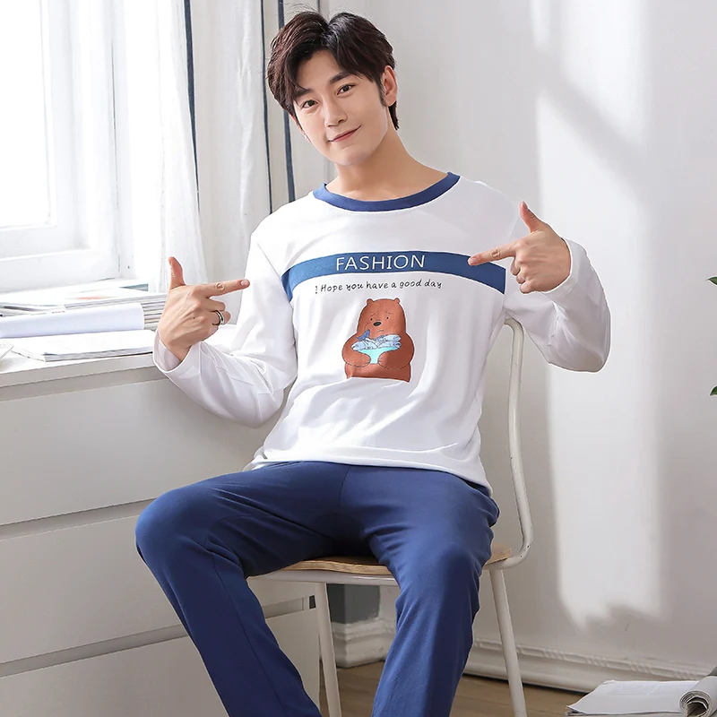 

Winter Autumn Long-sleeved Men's Pajamas Cotton Letter Striped Cartoon Pajama Sets Casual Sleep Lounge Men Pyjamas L-XXXL Pijama
