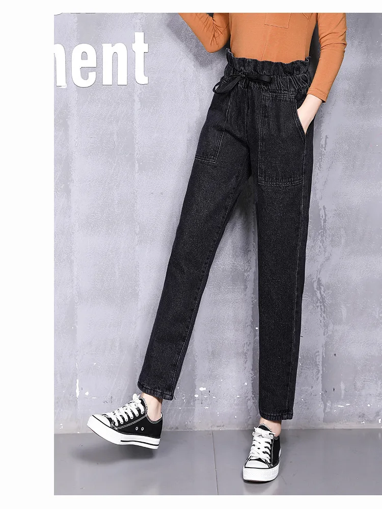 2018 Autumn winter new flower buds loose waist curling jeans women street fashion girls pants black high waist boyfriend jeans