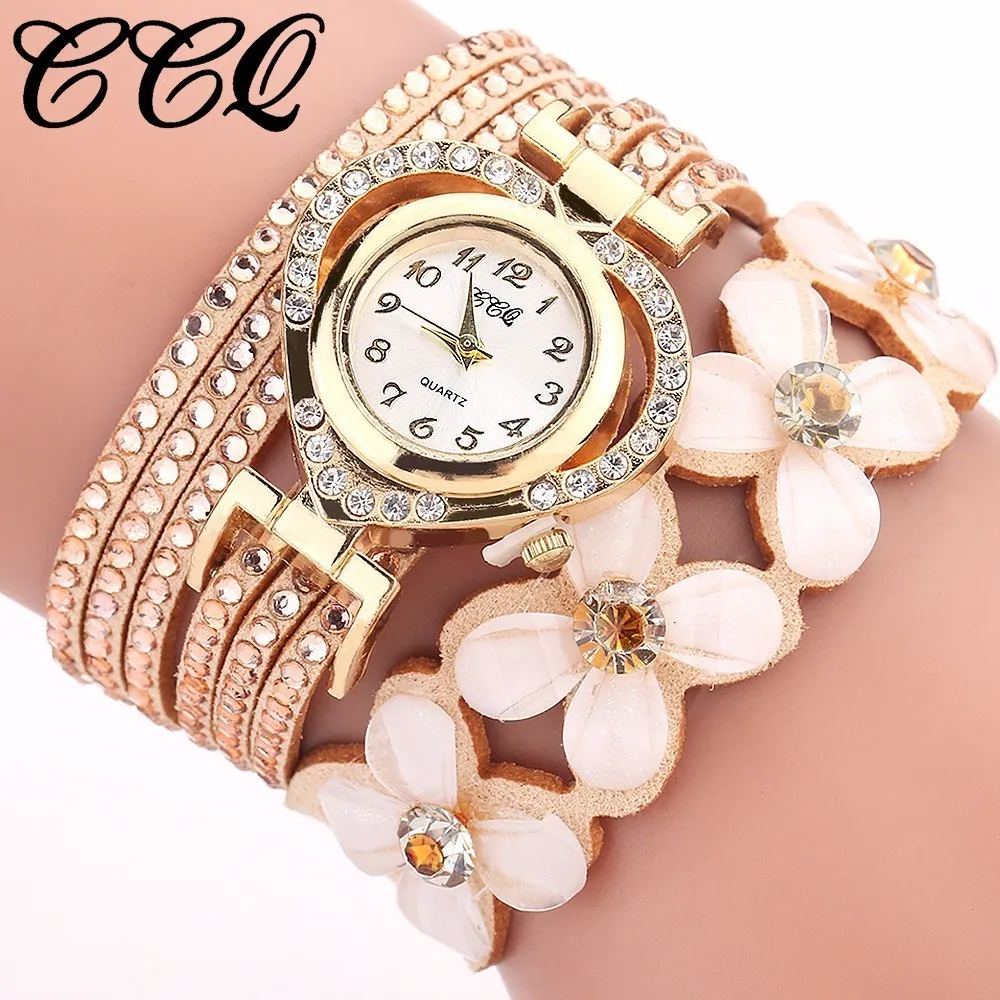 

Best Selling Fashion Women Rhinestone Bracelet Watch Casual Luxury CCQ Leather Flower Crystal Quartz Watch Relogio Feminino