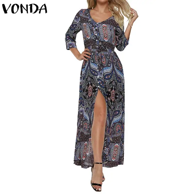 VONDA, женские макси длинные платья, осень, богемное, винтажное, повседневное, с цветочным принтом, с разрезом, v-образный вырез, длина по щиколотку, Vestidos размера плюс