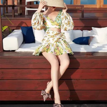 

Runway Designer Irregular Interlaced Folds Floral Print Dress Spring Off Shoulder Hollow Out Waist Sexy Mini Dress
