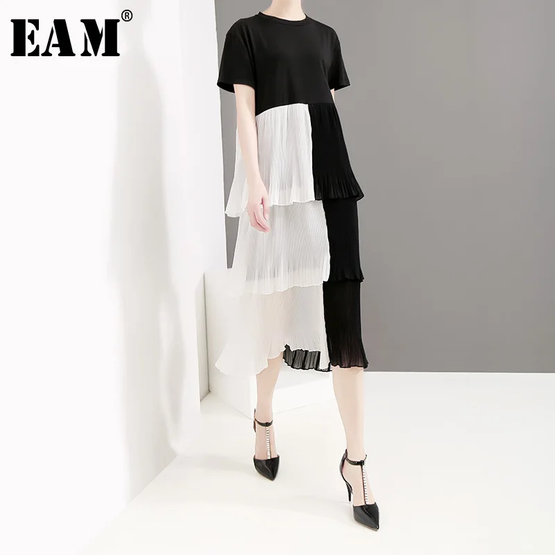 

[EAM] 2019 New Spring Summer Round Neck Short Sleeve Hir Color Hem Pleaed Split Joint Cake Dress Women Fashion Tide JT089