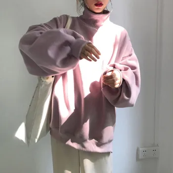 

Fashion solid color Sweatshirt casual plus velvet high collar wild loose slim Lantern sleeve long-sleeved pullover coat female