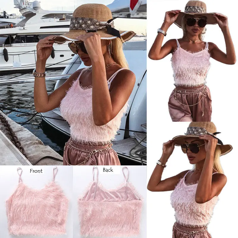 

Sexy Crop Top Clubwear Women's Sexy Furry Top Strapless Halter Vest Bottoming Shirt Pink Lovely Ladies Party