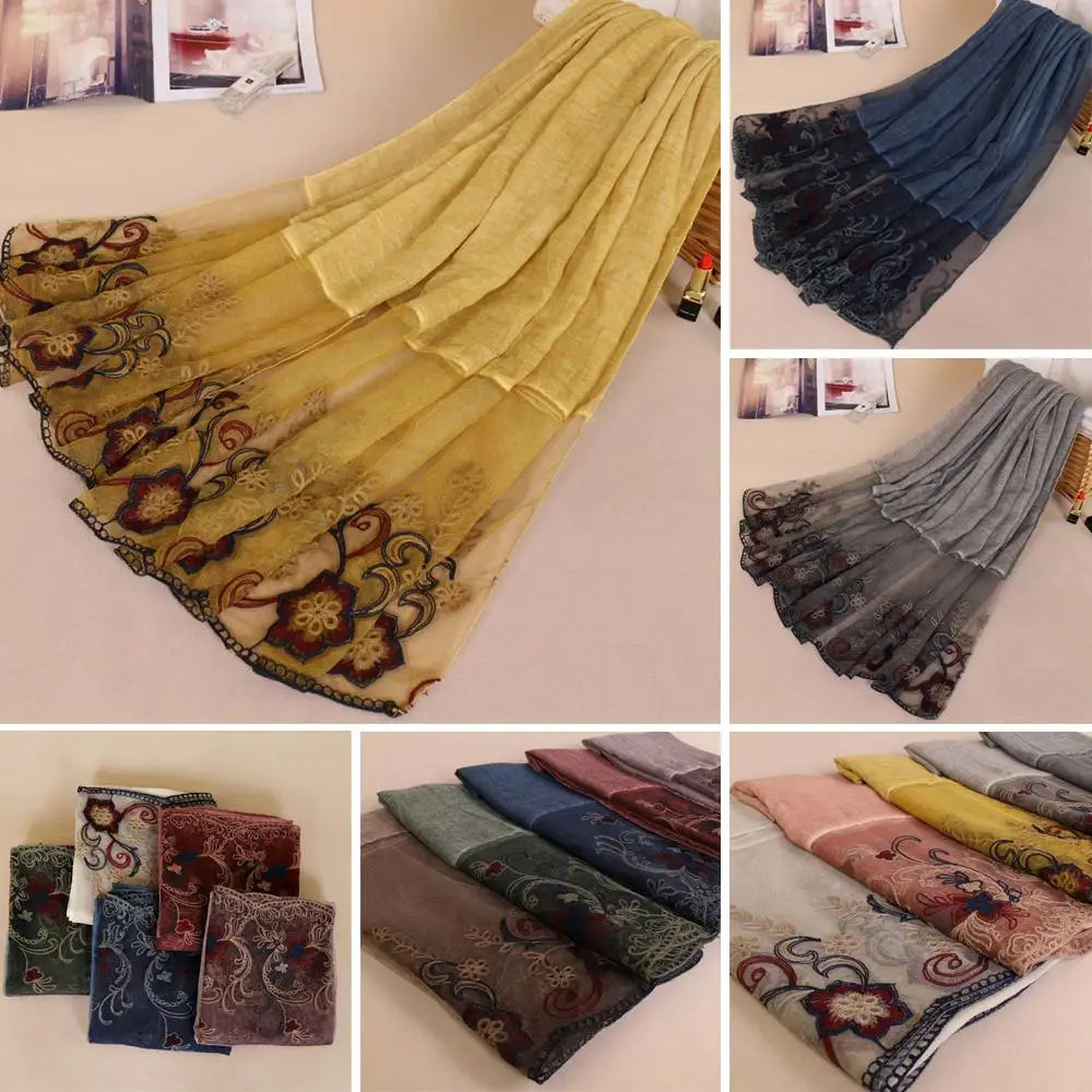 

200*85cm Women Cotton Flower Long Scarf Lace Patchwork Muslim Hijab Scarf India Islam Cape Turkish Shawl Wrap Headscarf Pashmina