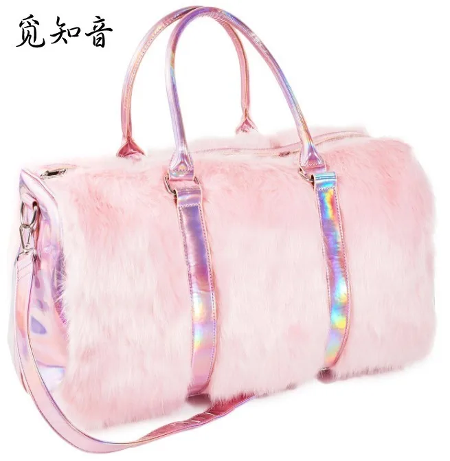 

2019 New Soft Rainbow Handbags Faux Fur Women Tote Bags Large Capacity Laser Symphony Pink Shoulder Bags Boston Bag High Quality