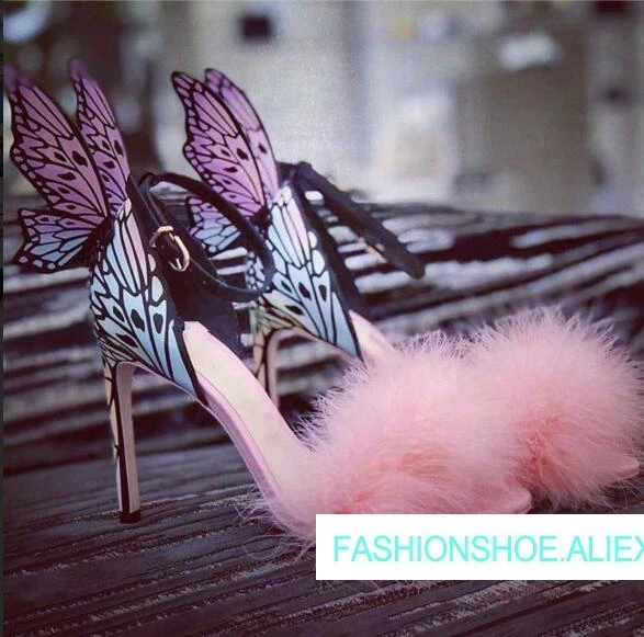 

Chic Sweet Butterfly Sandals Ankle Strap Leather Open Toe Printed Sandals High Thin Heels Pink Rabbit Fur Party Wedding Sandals