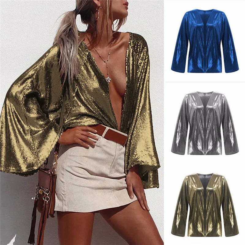 

Fashion Cardigan Tops Women Blouse Sequin Trumpet Sleeve Blouse Solid Elastic Loose Female Casual Streetwear Blouse Tops