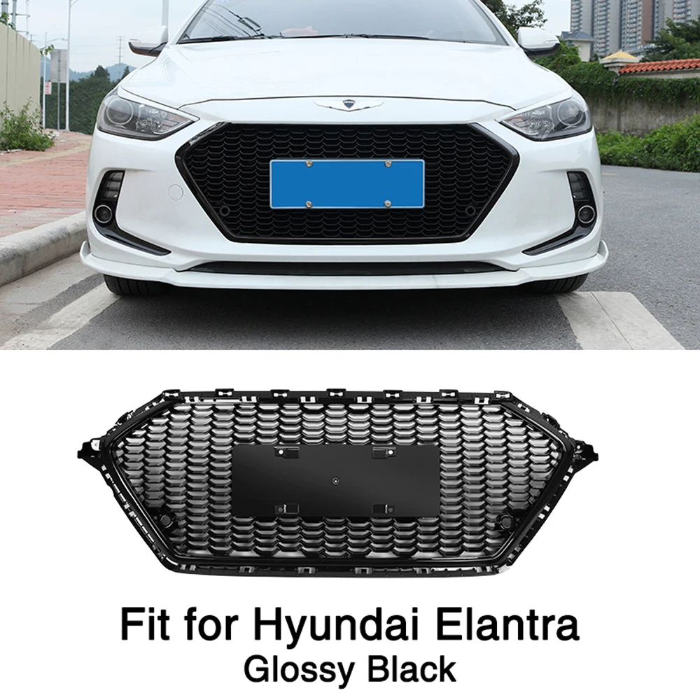 Решетка переднего бампера для Hyundai Elantra AD 2017 2018 глянцевая черная хромированная