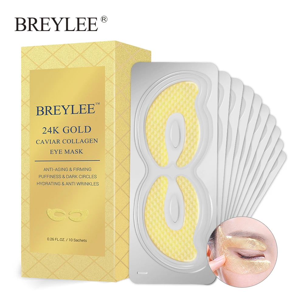 

BREYLEE 24K Gold Eye Mask Caviar Collagen Essence New Style Eye Patch Anti Aging Remove Wrinkle Sheet Mask Eye Skin Care 10pairs