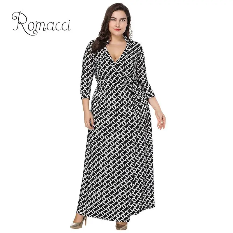 

Romacci 2019 Trendy Spring Dress Women Chain Floral Print Plus Size Dress Crossover V Neck High Waist 3/4 Sleeve Casual Dress