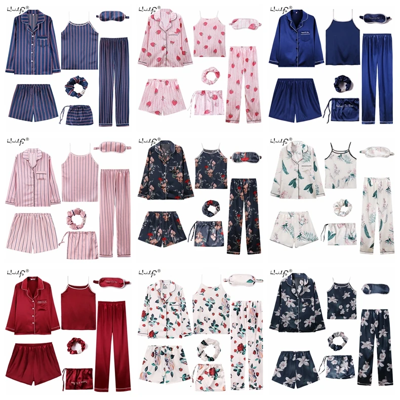 Летние женские пижамные комплекты из 7 предметов, окрашенные пижамы из искусственного шелка, женские пижамные комплекты, осенне-зимние топы, домашняя одежда, одежда для сна