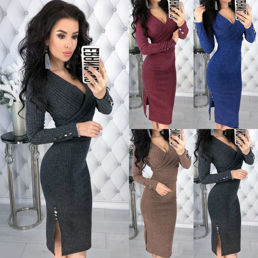 

New Style Women Long Sleeve Bodycon V-Neck Casual Skinny Long Sleeve Jumper Party Sweater Midi Dress Knitted Sexy Slim Dresses