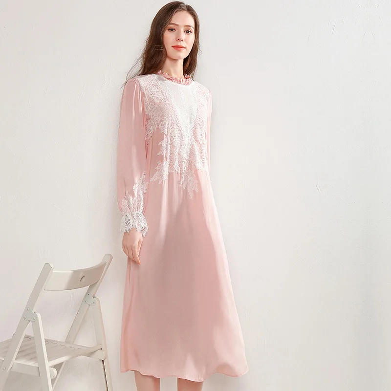 Длинная ночная рубашка винтажное розовое Ночное платье с длинными рукавами Ночное белье Повседневный Пижамный пиджачный костюм домашняя одежда женская вискозная ночная рубашка
