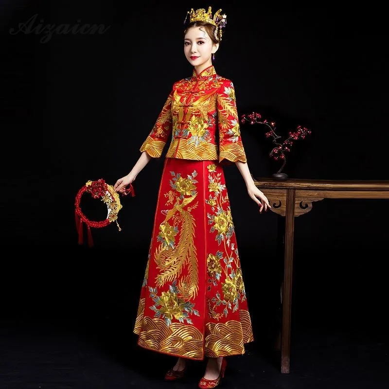 Новый Вышивка Феникс Ципао платья Chinoise Красный невесты длинные Qi Pao Для женщин традиционное китайское свадебное платье винтажное платье