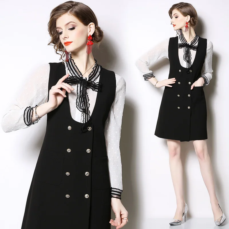 

Spring Women Dress Elegant Lady Work Wear Office Dress Black Dress White Blouse Two Pieces Sets Suits