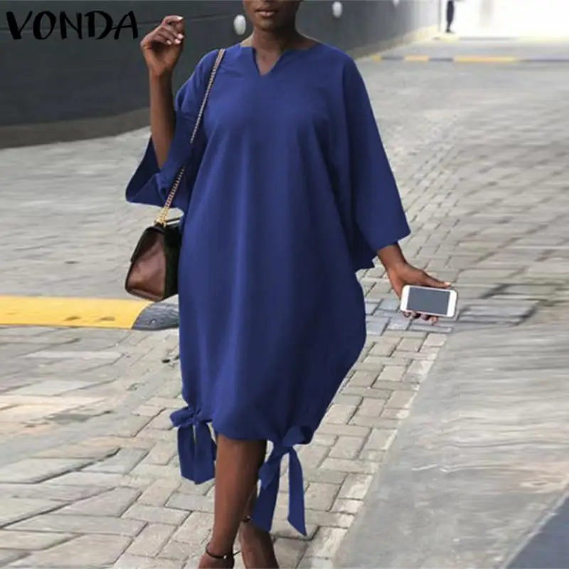 

VONDA Sexy Women Dress 2019 Autumn Casual Loose V Neck Batwing Sleeve Bow Bohemian Solid Midi Vestidos Plus Size Dresses