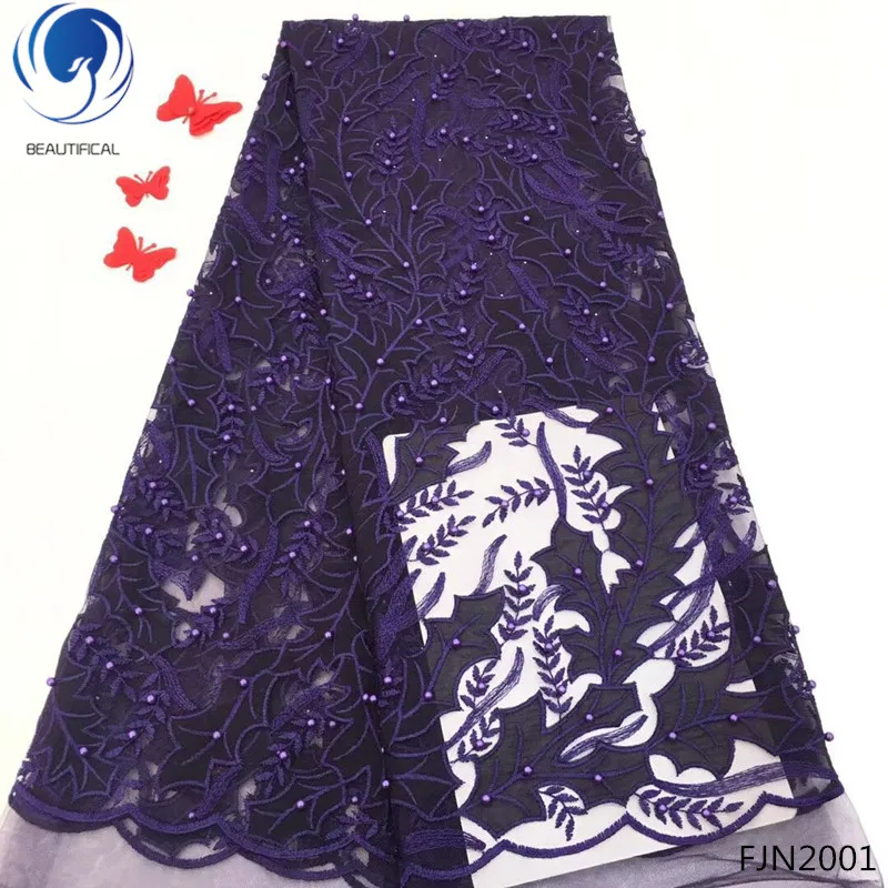 

BEAUTIFICA african tulle lace fabrics velvet lace fabrics Embroidered french tulle lace with beads for party 5yards/lot FJN20