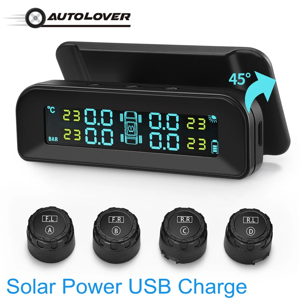 45 градусов вращение солнечной USB TPMS автомобильная система контроля давления в шинах прибор для определения времени ЖК-экран 4 внешних датчика для jeep SUV