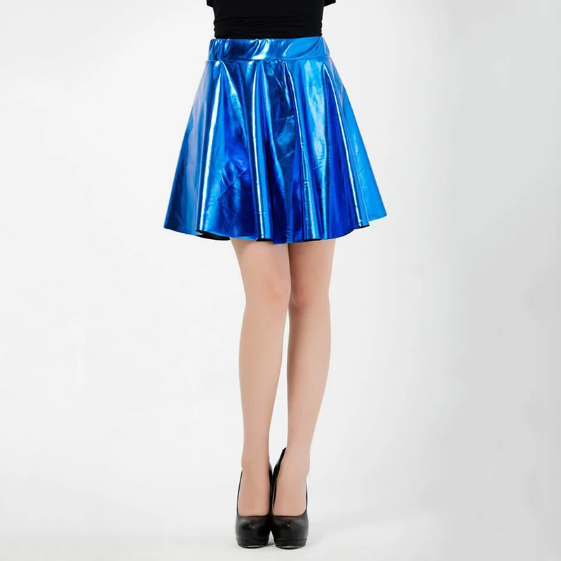 

New Women Skirt Shiny Wet Look Latex Skater Flared Short Pleated Mini Skirt
