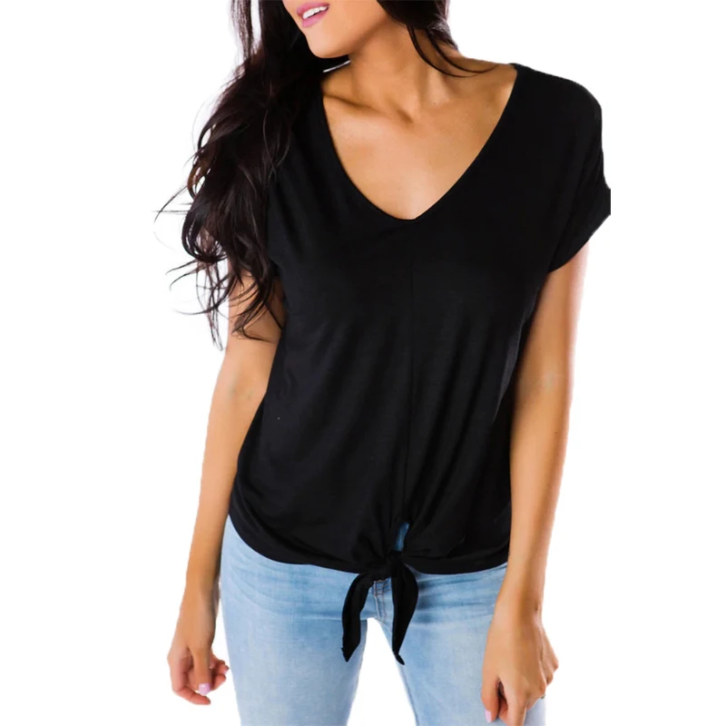 النساء الخامس الرقبة تي شيرتات قصيرة الاكمام ضمادة التعادل عارضة فضفاض القمم المحملة قميص