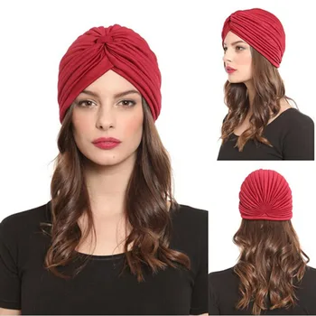 

2019 New Women Stretch Hat Turban Head Wrap Stretchy Chemo Cap Bandanas Colored Pleated Indian Cap