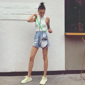 

2019 Women Ripped Hole Jeans Summer High Waist With Sashes Denim Shorts Streetwear Fashion Korean Short Pants