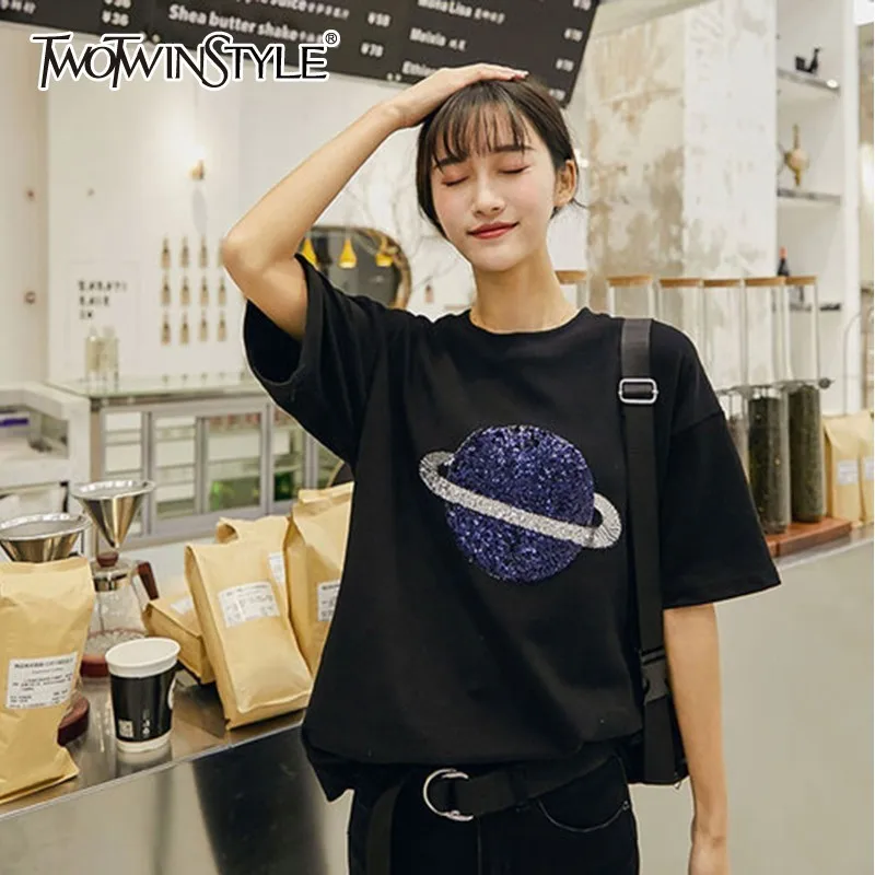 

TWOTWINSTYLE Casual Sequins Patchwork Women T-shirts Short Sleeve O-neck Loose Tops Female Spring 2019 Fashion Clothes Tide