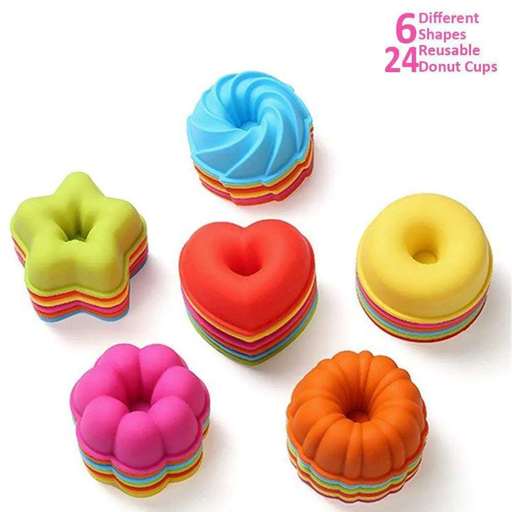 24Pcs/Set Reusable 6 Shapes 4Colors Silicone Molds for Doughnut Muffin Baking | Дом и сад