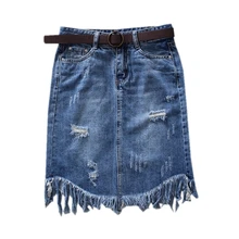 Новинка женские летние модные джинсовые юбки с высокой талией и кисточками Мини Синие рваные джинсовые юбки высокого качества ковбойская юбка