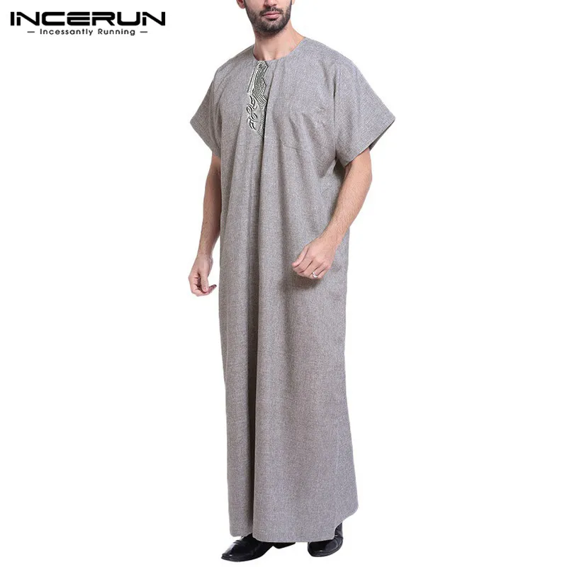 INCERUN, большой 5XL, саудовская Арабская Мужская одежда, короткий рукав, одноцветная, полная длина, домашняя одежда, свободная, винтажная, Исламская, кафтан, ТОБ, Jubba Hombre