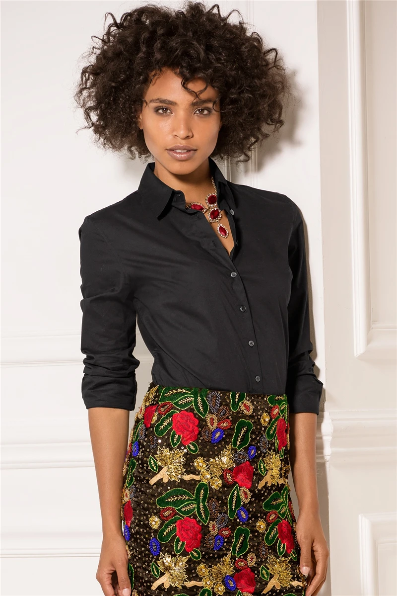 Sexy de moda de las mujeres de carrera de negocios botón camisa Slim OL solapa Tops blusa Camisa de gasa de manga larga sólido camisas Ropa de Mujer