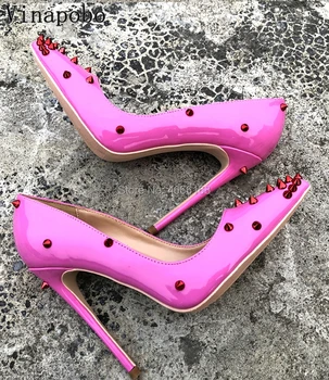 

Sexy Spike Pumps Woman High Heels Red Patent Leather Wedding Shoes Pumps Rivets Pointed Toe Women Shoes Stiletto Woman Pumps